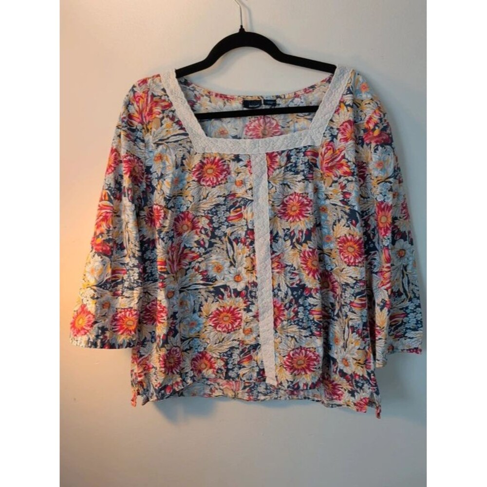 Basic Editions Floral Square Neck Peasant Blouse Lace Trim Boho Size Xl